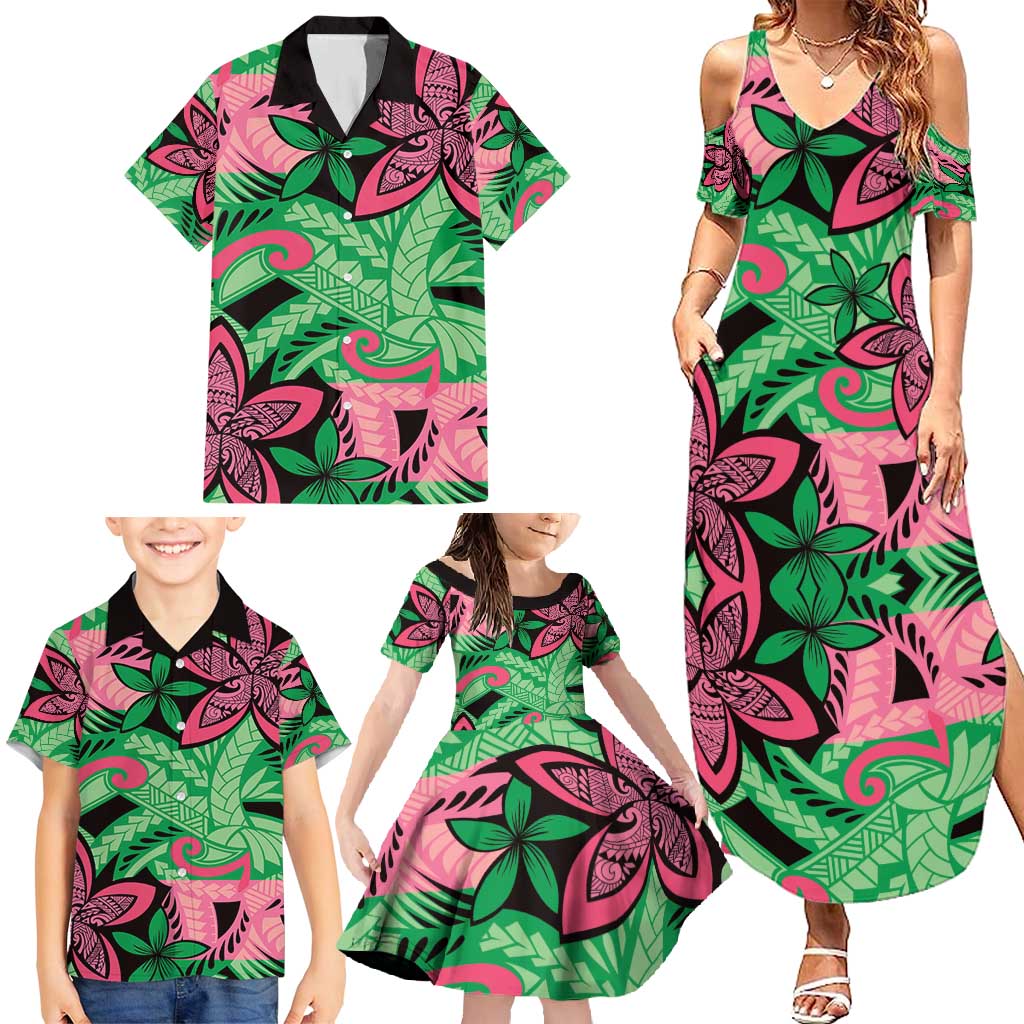 Plumeria Polynesian Pattern Family Matching Summer Maxi Dress and Hawaiian Shirt Unique Fantasy Green Pink LT01 - Polynesian Pride