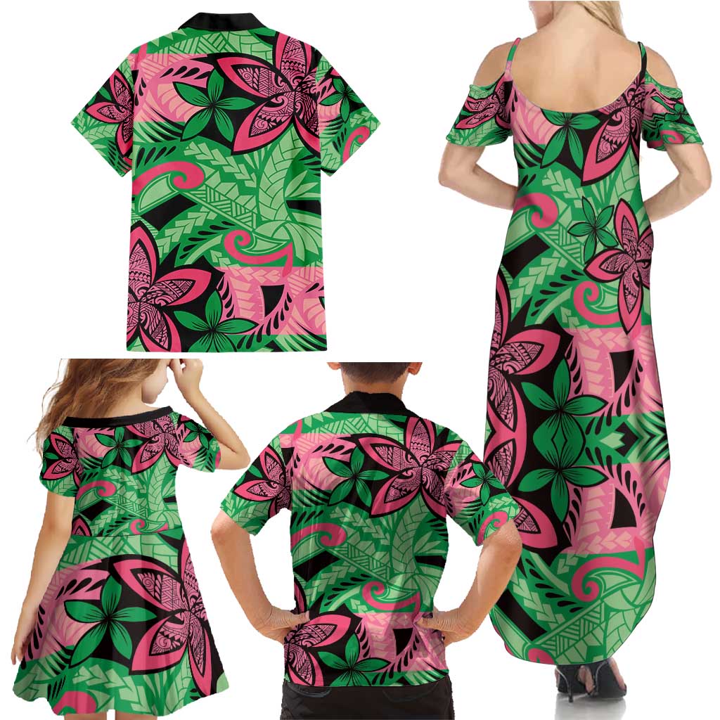 Plumeria Polynesian Pattern Family Matching Summer Maxi Dress and Hawaiian Shirt Unique Fantasy Green Pink LT01 - Polynesian Pride