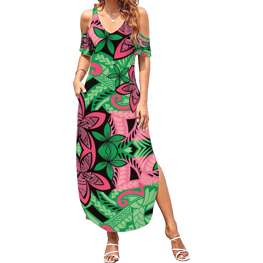 Plumeria Polynesian Pattern Family Matching Summer Maxi Dress and Hawaiian Shirt Unique Fantasy Green Pink LT01 Mom's Dress Green - Polynesian Pride