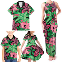 Plumeria Polynesian Pattern Family Matching Tank Maxi Dress and Hawaiian Shirt Unique Fantasy Green Pink LT01 - Polynesian Pride