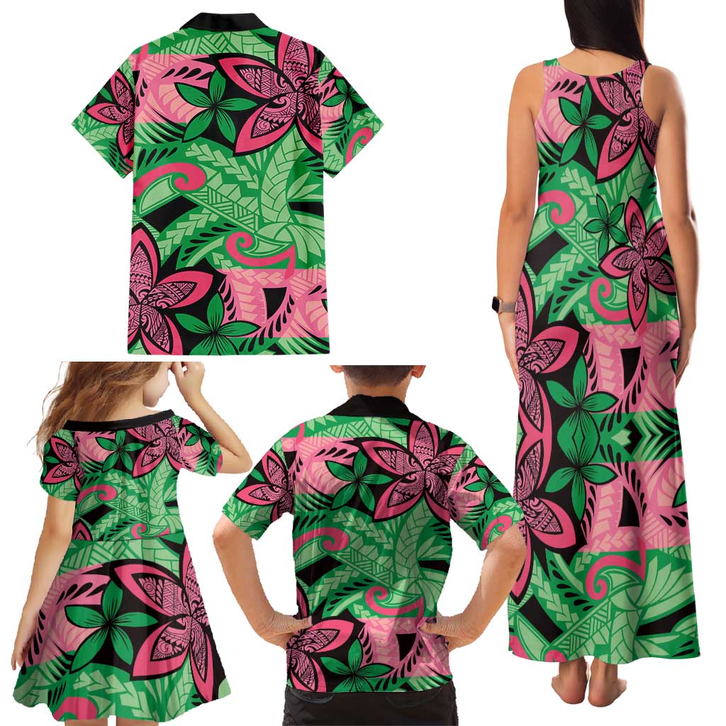 Plumeria Polynesian Pattern Family Matching Tank Maxi Dress and Hawaiian Shirt Unique Fantasy Green Pink LT01 - Polynesian Pride