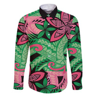 Plumeria Polynesian Pattern Family Matching Tank Maxi Dress and Hawaiian Shirt Unique Fantasy Green Pink LT01 Dad's Shirt - Long Sleeve Green - Polynesian Pride