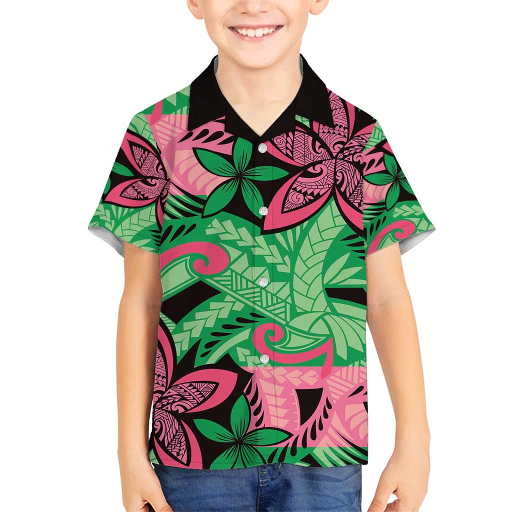 Plumeria Polynesian Pattern Family Matching Tank Maxi Dress and Hawaiian Shirt Unique Fantasy Green Pink LT01 Son's Shirt Green - Polynesian Pride