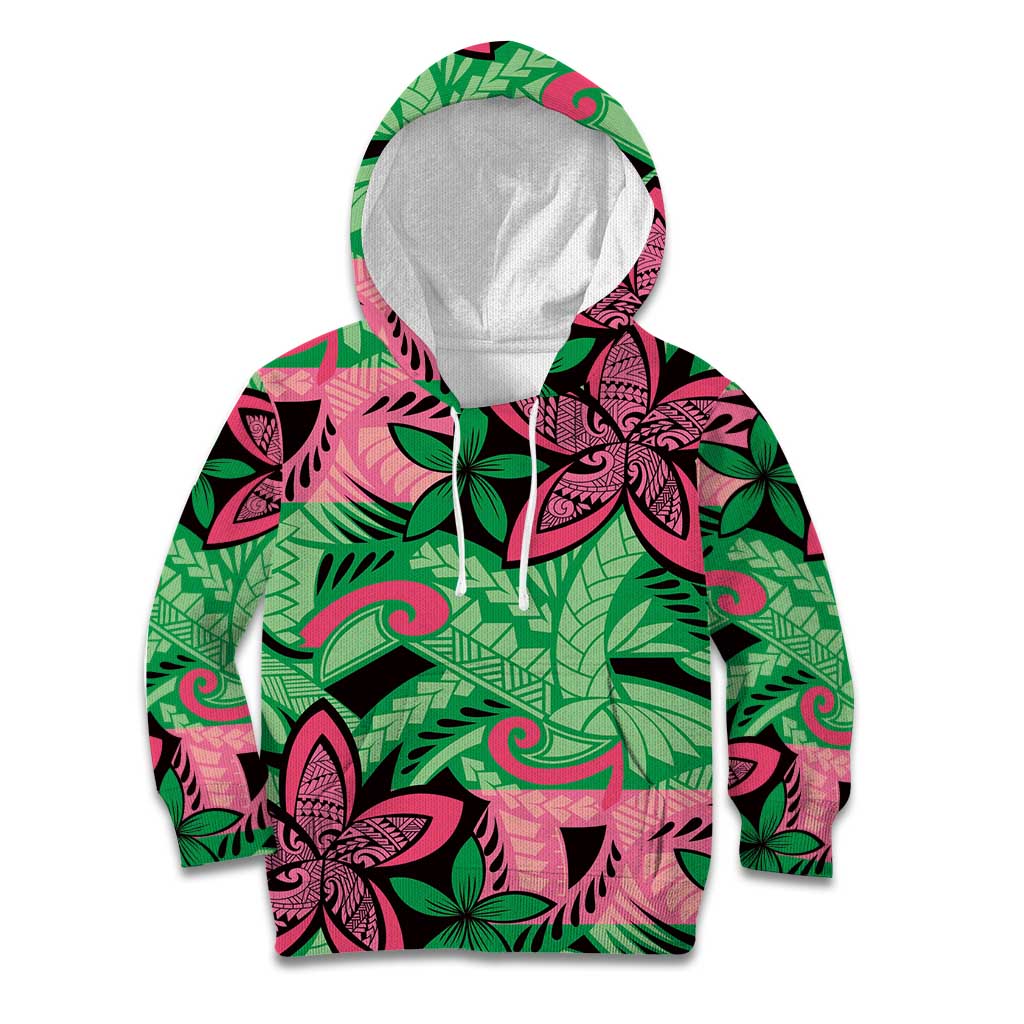 Plumeria Polynesian Pattern Kid Hoodie Unique Fantasy Green Pink LT01 Hoodie Green - Polynesian Pride