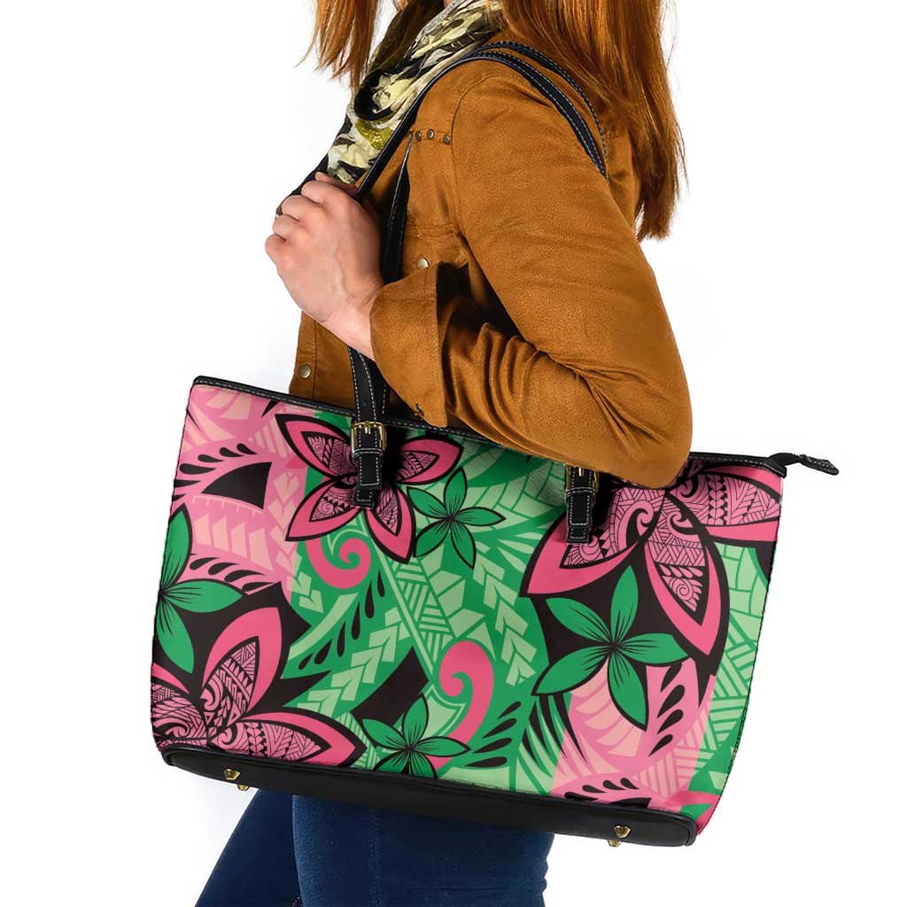 Plumeria Polynesian Pattern Leather Tote Bag Unique Fantasy Green Pink LT01 Green - Polynesian Pride