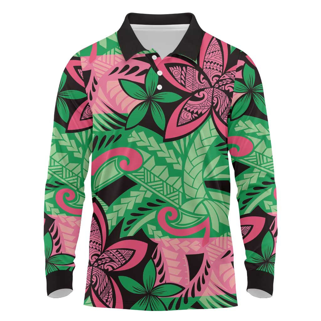 Plumeria Polynesian Pattern Long Sleeve Polo Shirt Unique Fantasy Green Pink LT01 Green - Polynesian Pride