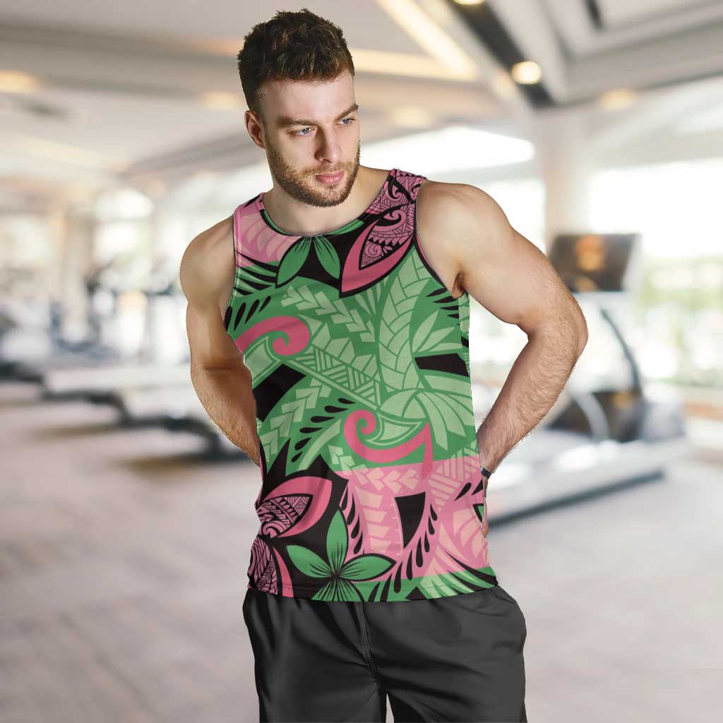 Plumeria Polynesian Pattern Men Tank Top Unique Fantasy Green Pink LT01 Green - Polynesian Pride