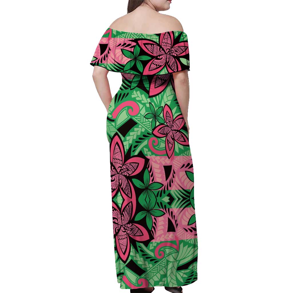 Plumeria Polynesian Pattern Off Shoulder Maxi Dress Unique Fantasy Green Pink LT01 - Polynesian Pride