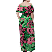 Plumeria Polynesian Pattern Off Shoulder Maxi Dress Unique Fantasy Green Pink LT01 - Polynesian Pride