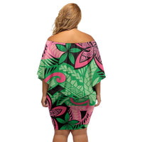 Plumeria Polynesian Pattern Off Shoulder Short Dress Unique Fantasy Green Pink
