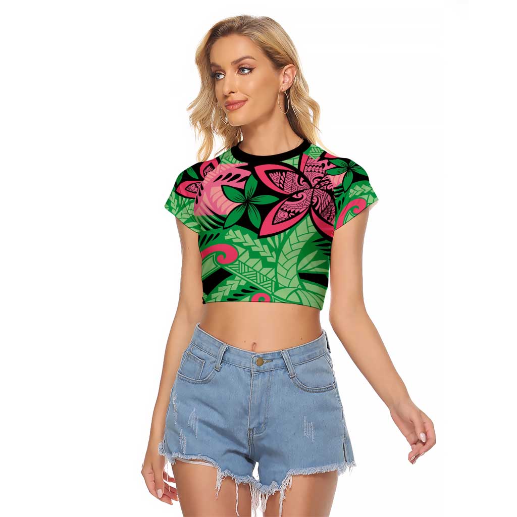 Plumeria Polynesian Pattern Raglan Cropped T Shirt Unique Fantasy Green Pink LT01 Female Green - Polynesian Pride