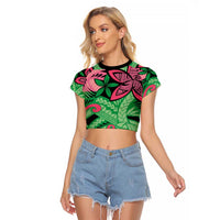Plumeria Polynesian Pattern Raglan Cropped T Shirt Unique Fantasy Green Pink LT01 Female Green - Polynesian Pride