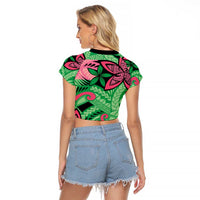 Plumeria Polynesian Pattern Raglan Cropped T Shirt Unique Fantasy Green Pink LT01 - Polynesian Pride