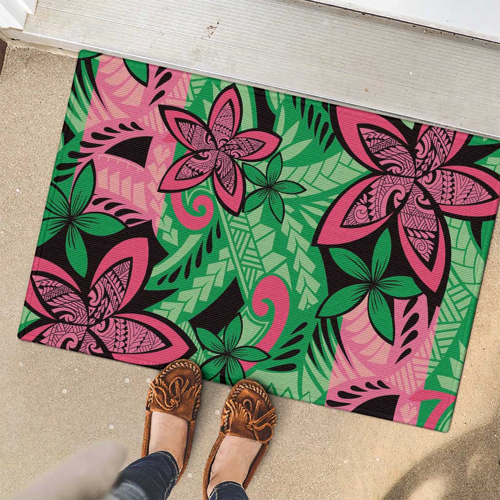 Plumeria Polynesian Pattern Rubber Doormat Unique Fantasy Green Pink