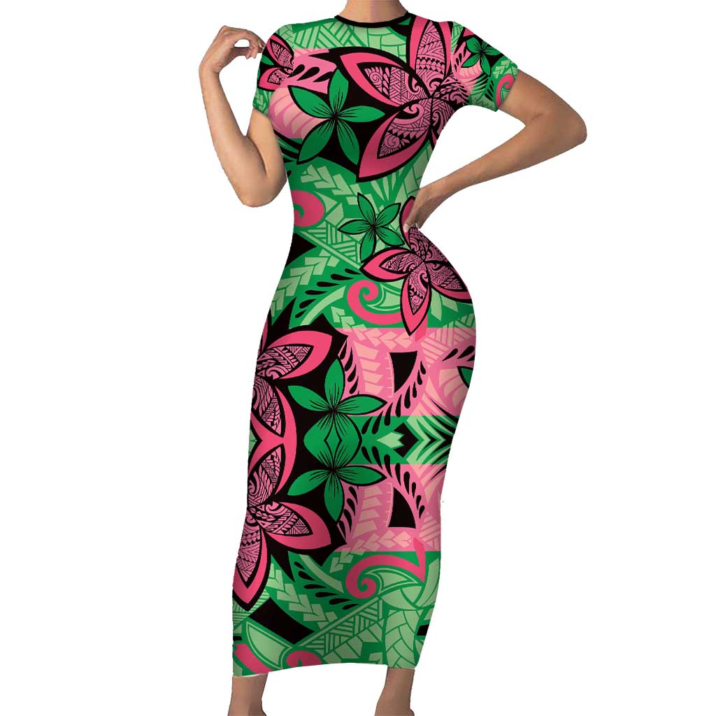 Plumeria Polynesian Pattern Short Sleeve Bodycon Dress Unique Fantasy Green Pink LT01 Long Dress Green - Polynesian Pride