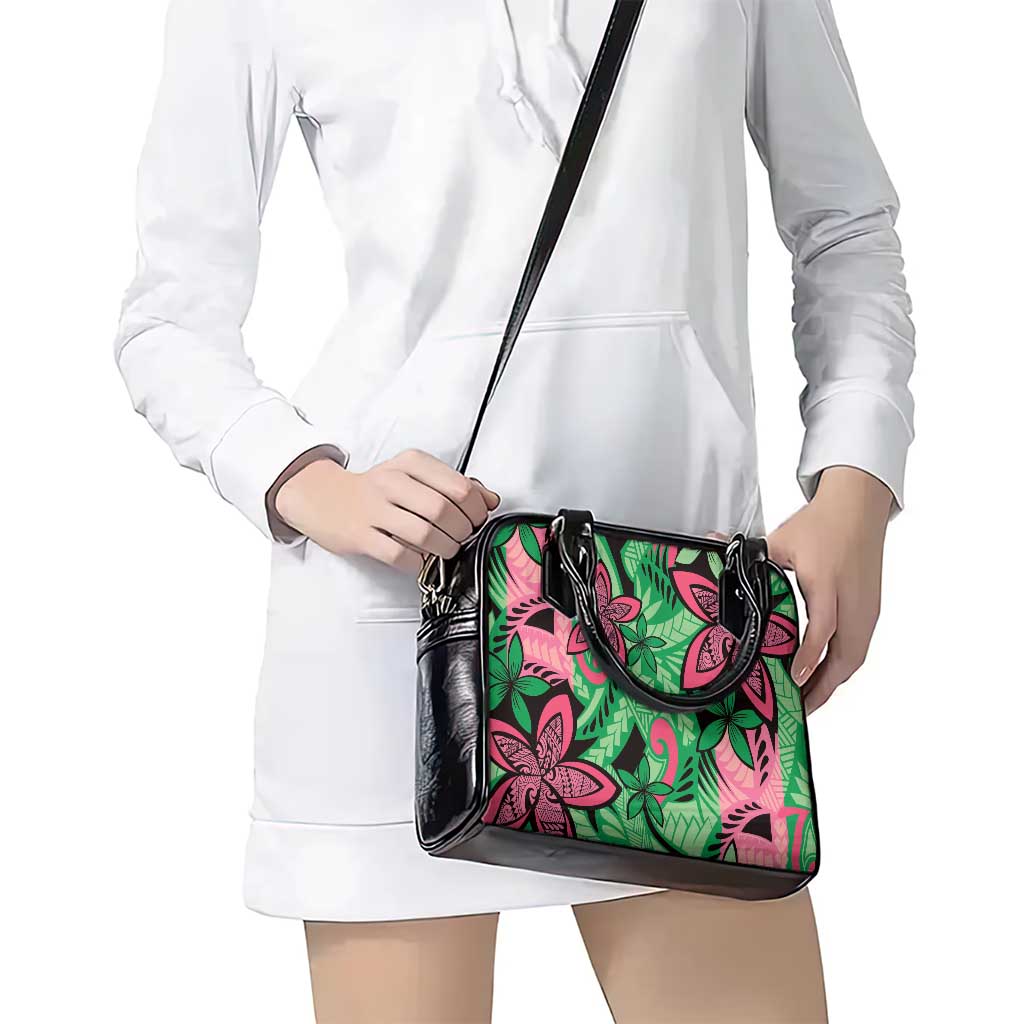 Plumeria Polynesian Pattern Shoulder Handbag Unique Fantasy Green Pink