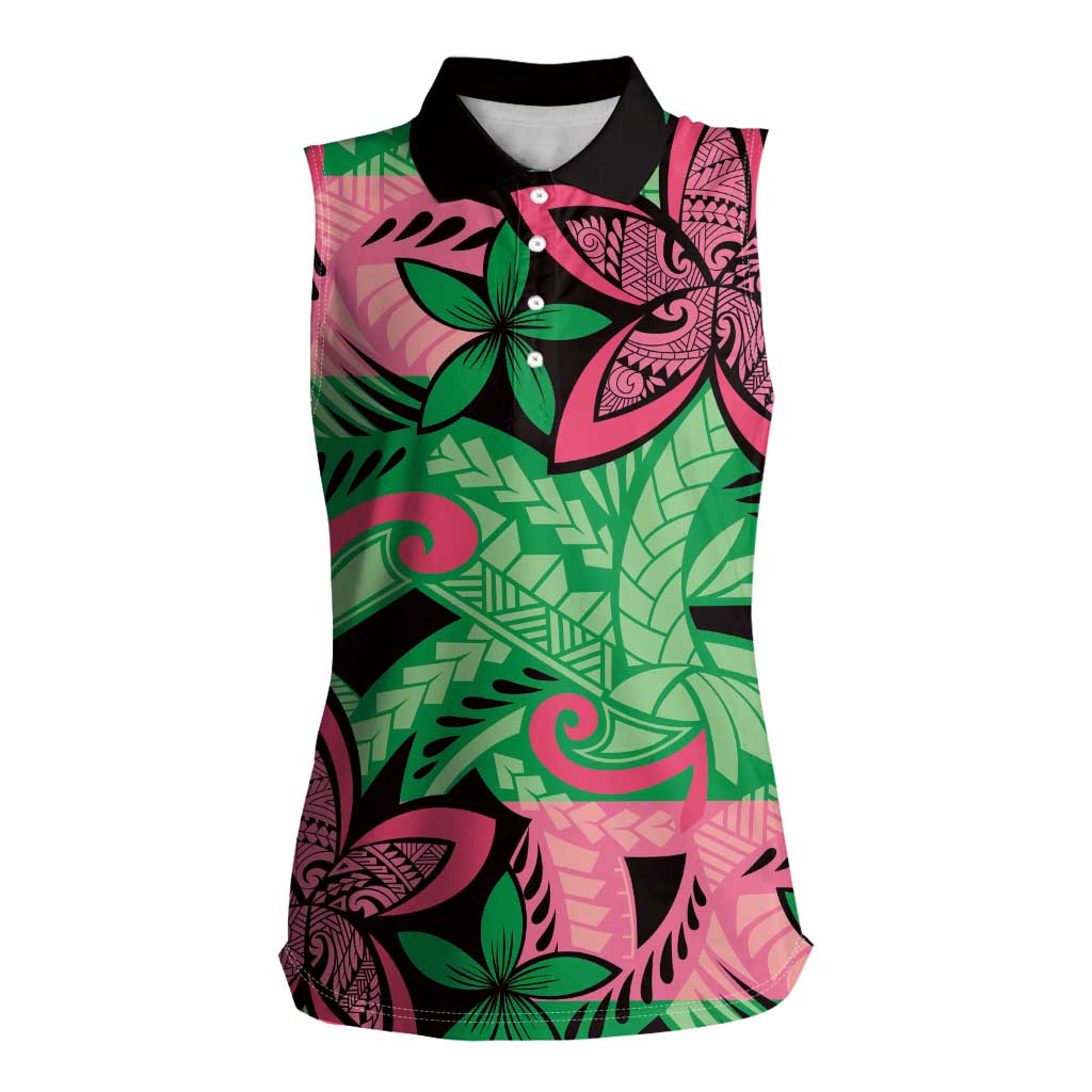 Plumeria Polynesian Pattern Women Sleeveless Polo Shirt Unique Fantasy Green Pink LT01 Female Green - Polynesian Pride