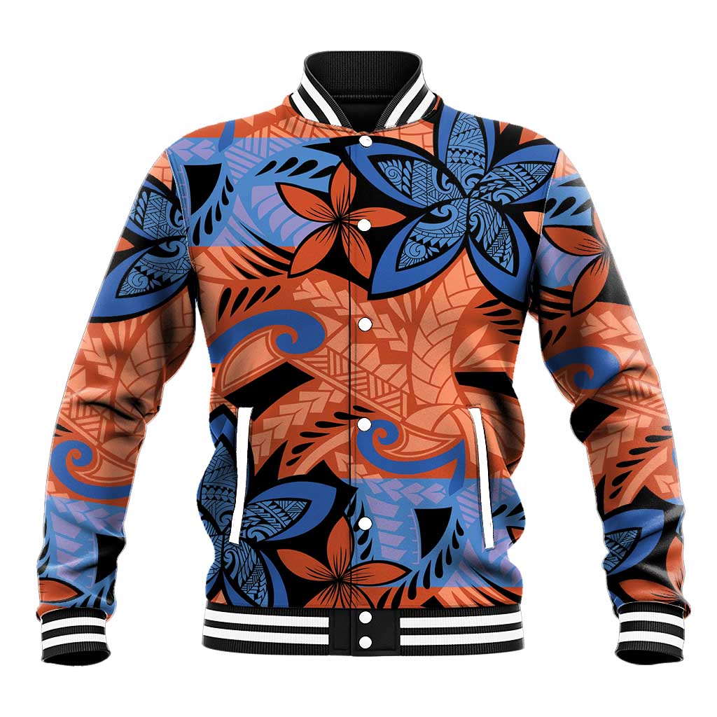 Plumeria Polynesian Pattern Baseball Jacket Unique Fantasy Orange Blue