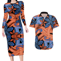 Plumeria Polynesian Pattern Couples Matching Long Sleeve Bodycon Dress and Hawaiian Shirt Unique Fantasy Orange Blue LT01 Orange - Polynesian Pride