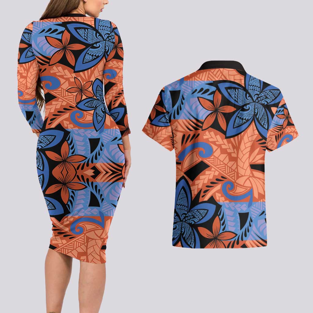 Plumeria Polynesian Pattern Couples Matching Long Sleeve Bodycon Dress and Hawaiian Shirt Unique Fantasy Orange Blue LT01 - Polynesian Pride