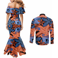 Plumeria Polynesian Pattern Couples Matching Mermaid Dress and Long Sleeve Button Shirt Unique Fantasy Orange Blue LT01 - Polynesian Pride