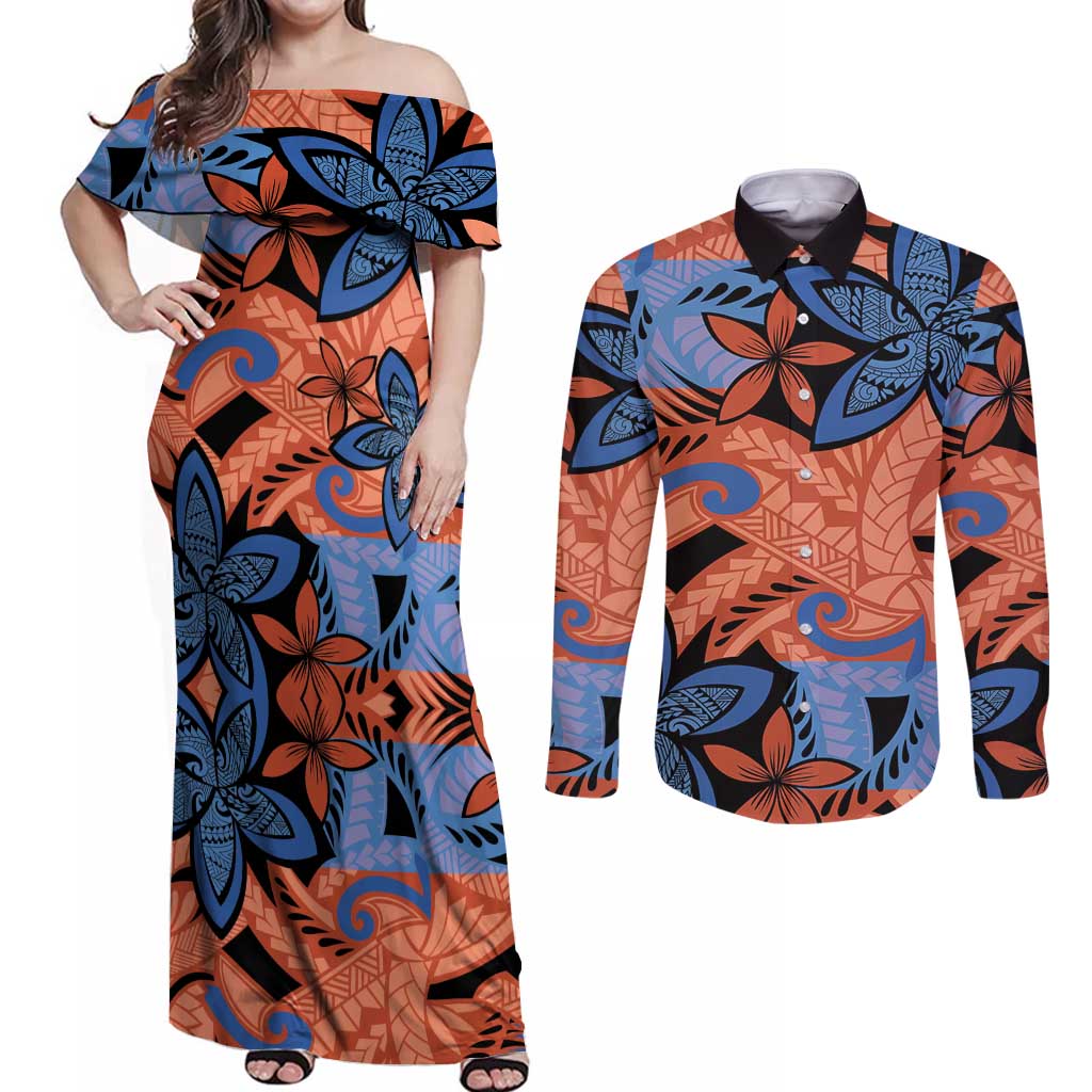 Plumeria Polynesian Pattern Couples Matching Off Shoulder Maxi Dress and Long Sleeve Button Shirt Unique Fantasy Orange Blue