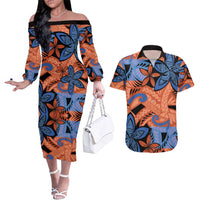 Plumeria Polynesian Pattern Couples Matching Off The Shoulder Long Sleeve Dress and Hawaiian Shirt Unique Fantasy Orange Blue LT01 Orange - Polynesian Pride