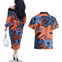 Plumeria Polynesian Pattern Couples Matching Off The Shoulder Long Sleeve Dress and Hawaiian Shirt Unique Fantasy Orange Blue LT01 - Polynesian Pride