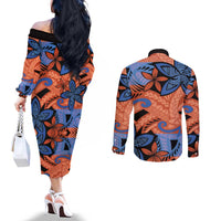 Plumeria Polynesian Pattern Couples Matching Off The Shoulder Long Sleeve Dress and Long Sleeve Button Shirt Unique Fantasy Orange Blue