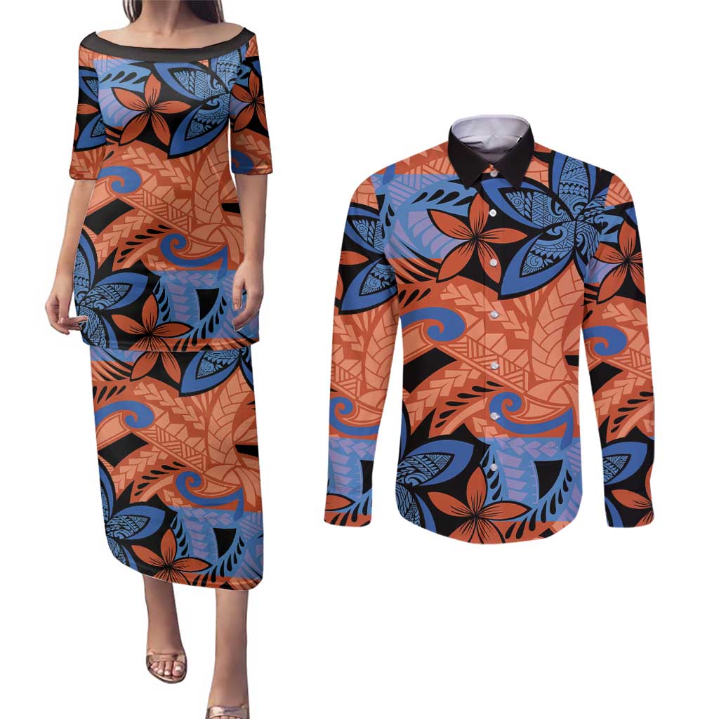 Plumeria Polynesian Pattern Couples Matching Puletasi and Long Sleeve Button Shirt Unique Fantasy Orange Blue
