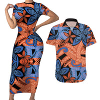 Plumeria Polynesian Pattern Couples Matching Short Sleeve Bodycon Dress and Hawaiian Shirt Unique Fantasy Orange Blue LT01 Orange - Polynesian Pride
