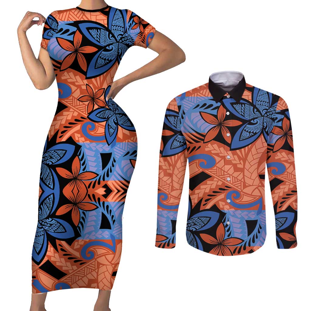 Plumeria Polynesian Pattern Couples Matching Short Sleeve Bodycon Dress and Long Sleeve Button Shirt Unique Fantasy Orange Blue