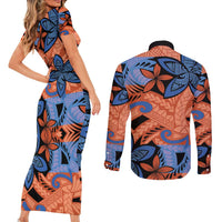 Plumeria Polynesian Pattern Couples Matching Short Sleeve Bodycon Dress and Long Sleeve Button Shirt Unique Fantasy Orange Blue
