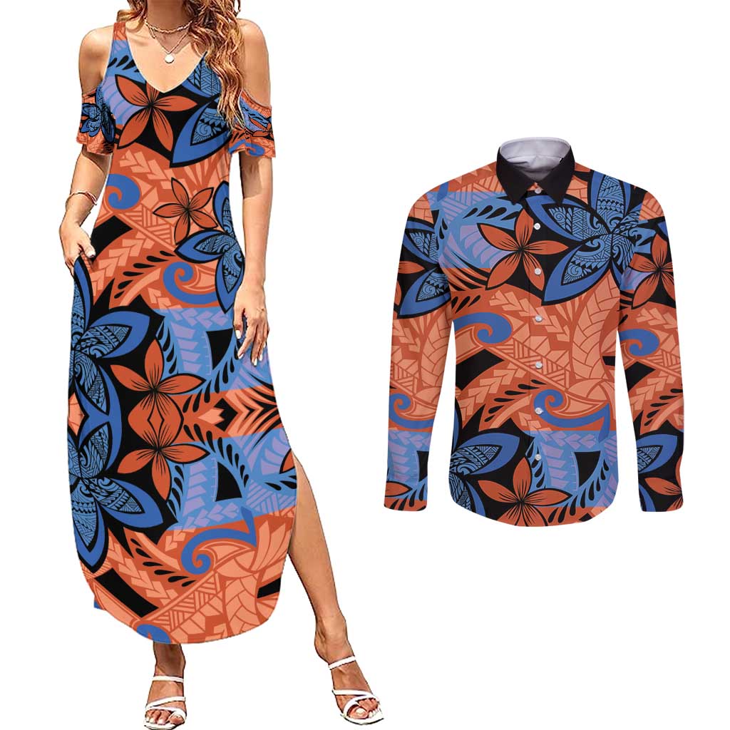 Plumeria Polynesian Pattern Couples Matching Summer Maxi Dress and Long Sleeve Button Shirt Unique Fantasy Orange Blue LT01 Orange - Polynesian Pride