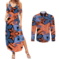 Plumeria Polynesian Pattern Couples Matching Summer Maxi Dress and Long Sleeve Button Shirt Unique Fantasy Orange Blue LT01 Orange - Polynesian Pride