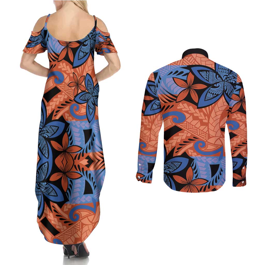 Plumeria Polynesian Pattern Couples Matching Summer Maxi Dress and Long Sleeve Button Shirt Unique Fantasy Orange Blue LT01 - Polynesian Pride