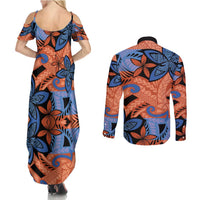 Plumeria Polynesian Pattern Couples Matching Summer Maxi Dress and Long Sleeve Button Shirt Unique Fantasy Orange Blue LT01 - Polynesian Pride