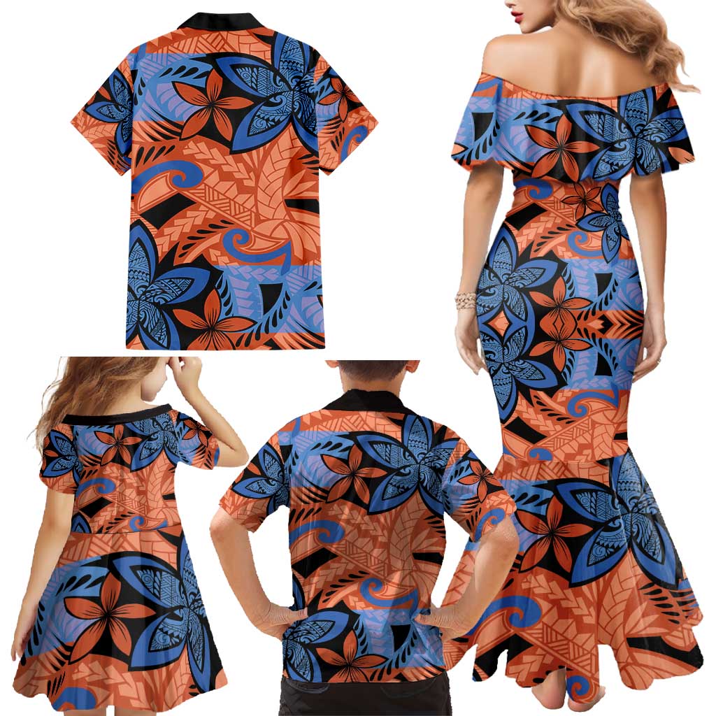 Plumeria Polynesian Pattern Family Matching Mermaid Dress and Hawaiian Shirt Unique Fantasy Orange Blue LT01 - Polynesian Pride