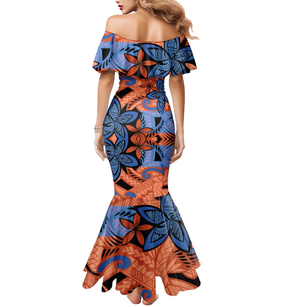 Plumeria Polynesian Pattern Family Matching Mermaid Dress and Hawaiian Shirt Unique Fantasy Orange Blue LT01 - Polynesian Pride