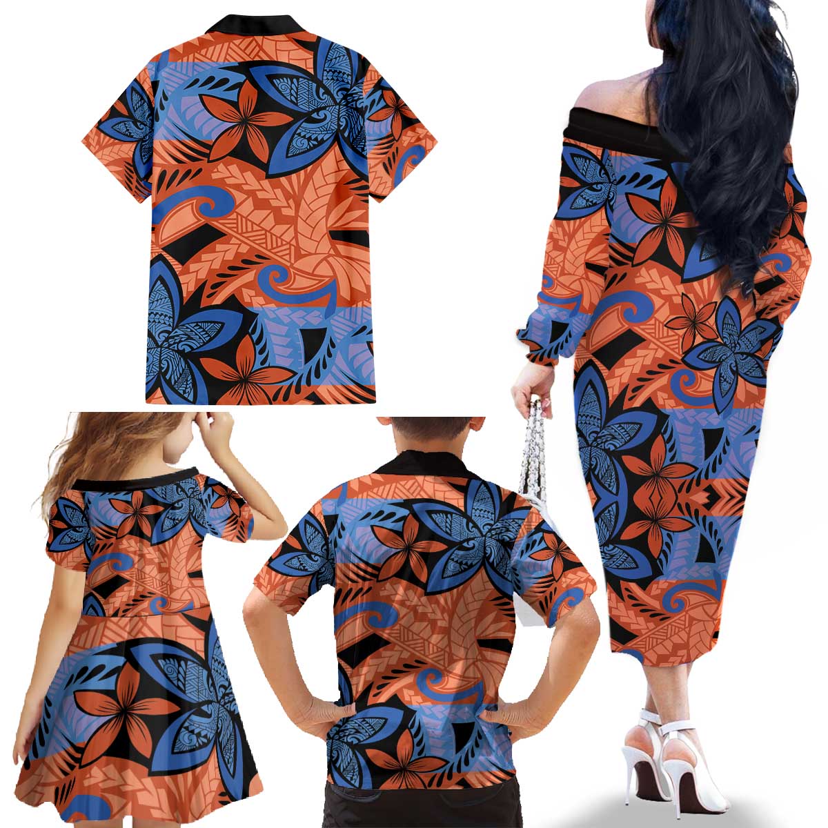 Plumeria Polynesian Pattern Family Matching Off The Shoulder Long Sleeve Dress and Hawaiian Shirt Unique Fantasy Orange Blue LT01 - Polynesian Pride