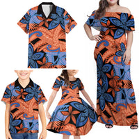 Plumeria Polynesian Pattern Family Matching Off Shoulder Maxi Dress and Hawaiian Shirt Unique Fantasy Orange Blue LT01 - Polynesian Pride