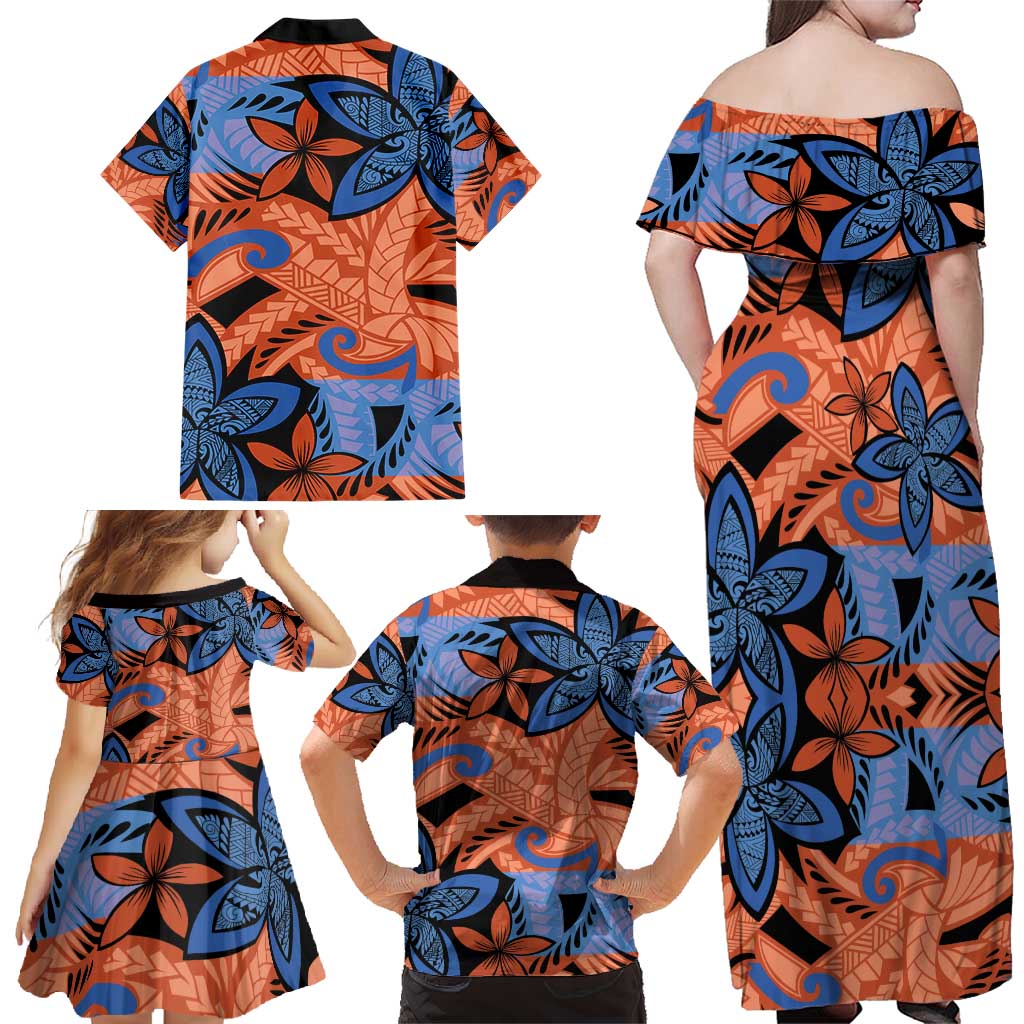 Plumeria Polynesian Pattern Family Matching Off Shoulder Maxi Dress and Hawaiian Shirt Unique Fantasy Orange Blue LT01 - Polynesian Pride
