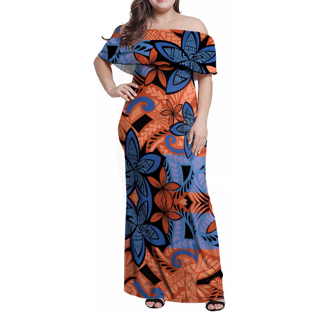 Plumeria Polynesian Pattern Family Matching Off Shoulder Maxi Dress and Hawaiian Shirt Unique Fantasy Orange Blue LT01 Mom's Dress Orange - Polynesian Pride