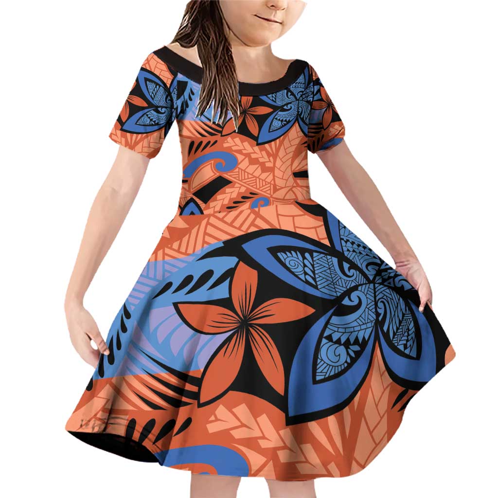 Plumeria Polynesian Pattern Family Matching Off Shoulder Short Dress and Hawaiian Shirt Unique Fantasy Orange Blue LT01 Daughter's Dress Orange - Polynesian Pride