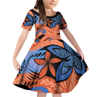 Plumeria Polynesian Pattern Family Matching Off Shoulder Short Dress and Hawaiian Shirt Unique Fantasy Orange Blue LT01 Daughter's Dress Orange - Polynesian Pride