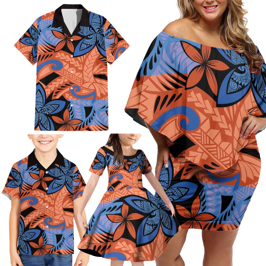 Plumeria Polynesian Pattern Family Matching Off Shoulder Short Dress and Hawaiian Shirt Unique Fantasy Orange Blue LT01 - Polynesian Pride