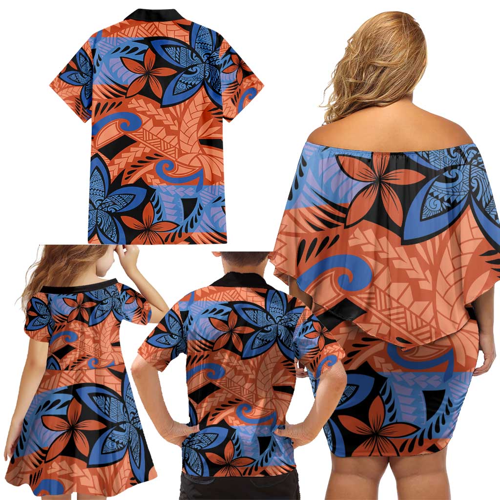 Plumeria Polynesian Pattern Family Matching Off Shoulder Short Dress and Hawaiian Shirt Unique Fantasy Orange Blue LT01 - Polynesian Pride