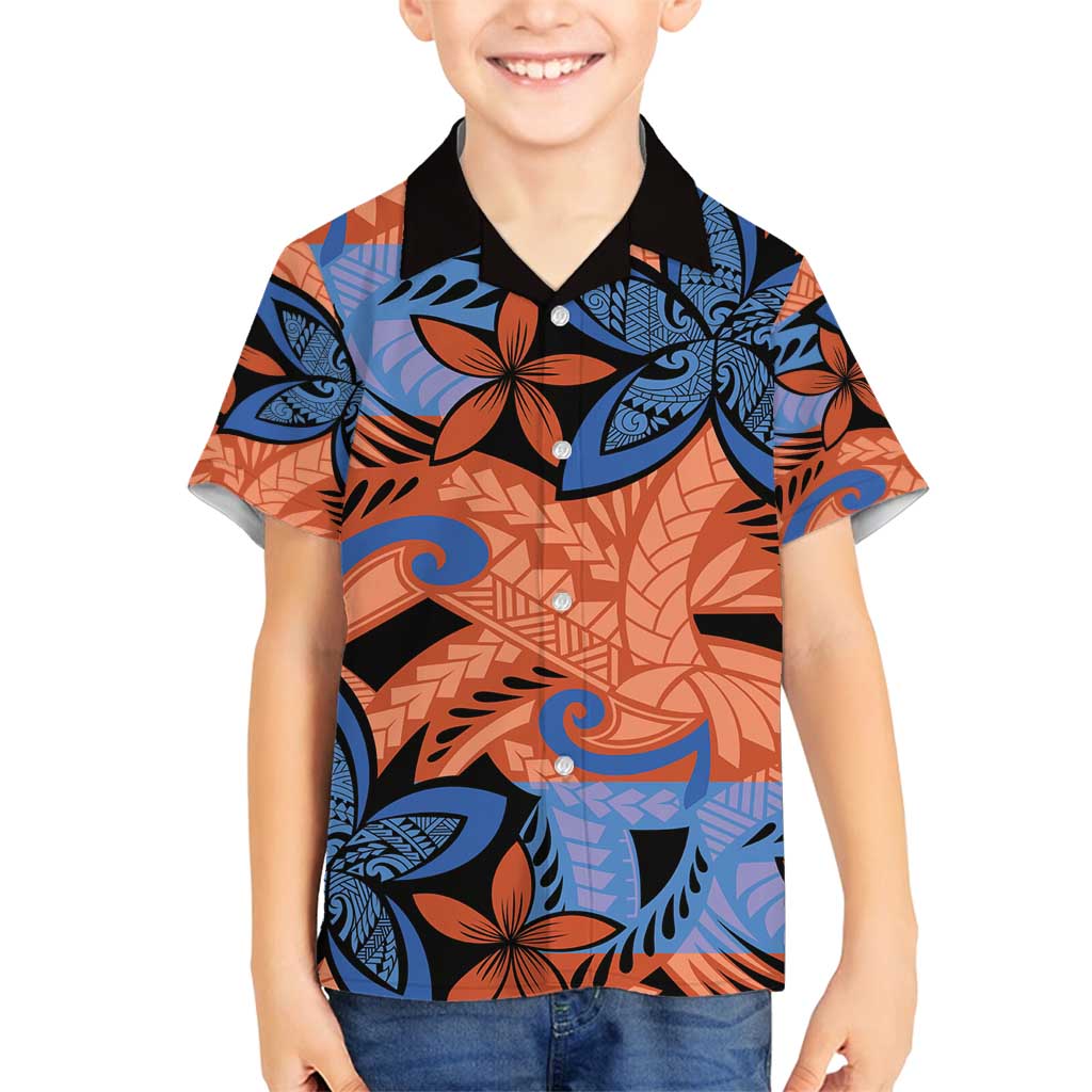 Plumeria Polynesian Pattern Family Matching Off Shoulder Short Dress and Hawaiian Shirt Unique Fantasy Orange Blue LT01 Son's Shirt Orange - Polynesian Pride