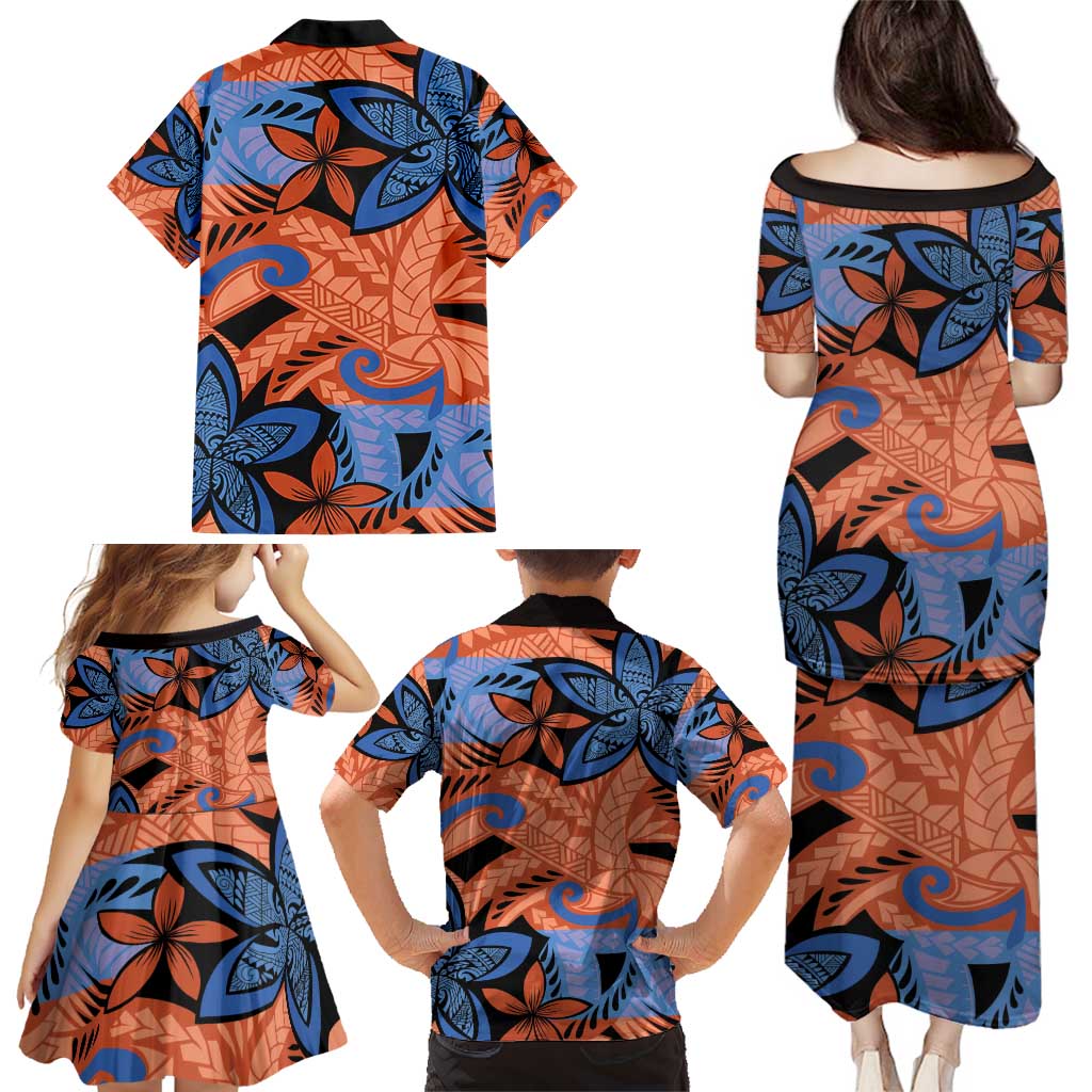 Plumeria Polynesian Pattern Family Matching Puletasi and Hawaiian Shirt Unique Fantasy Orange Blue LT01 - Polynesian Pride