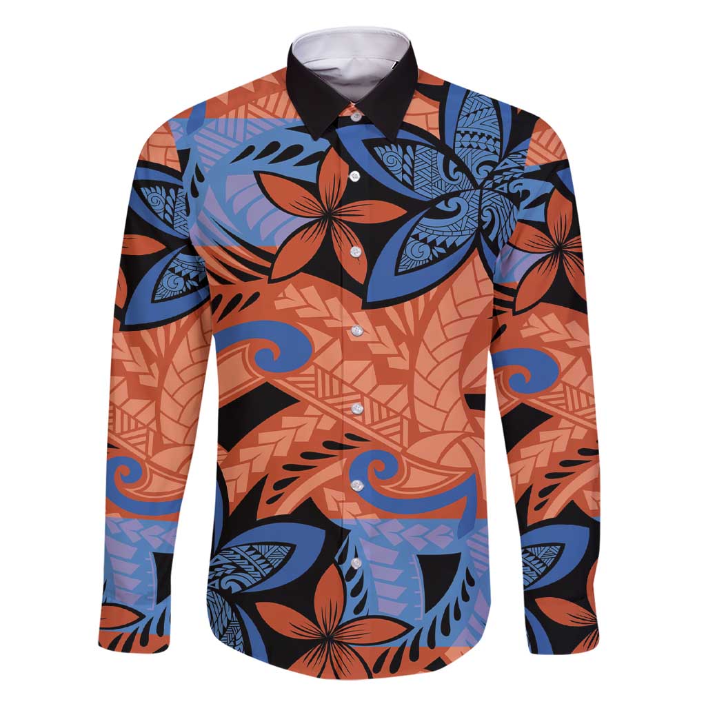 Plumeria Polynesian Pattern Family Matching Short Sleeve Bodycon Dress and Hawaiian Shirt Unique Fantasy Orange Blue LT01 Dad's Shirt - Long Sleeve Orange - Polynesian Pride